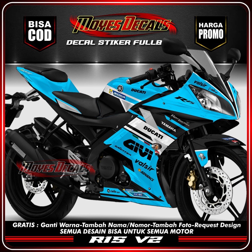 (Terbaru) Decal motor R15 V2 Stiker Decal Fullbody R15 V2 Motif Givi Recing Biru Muda