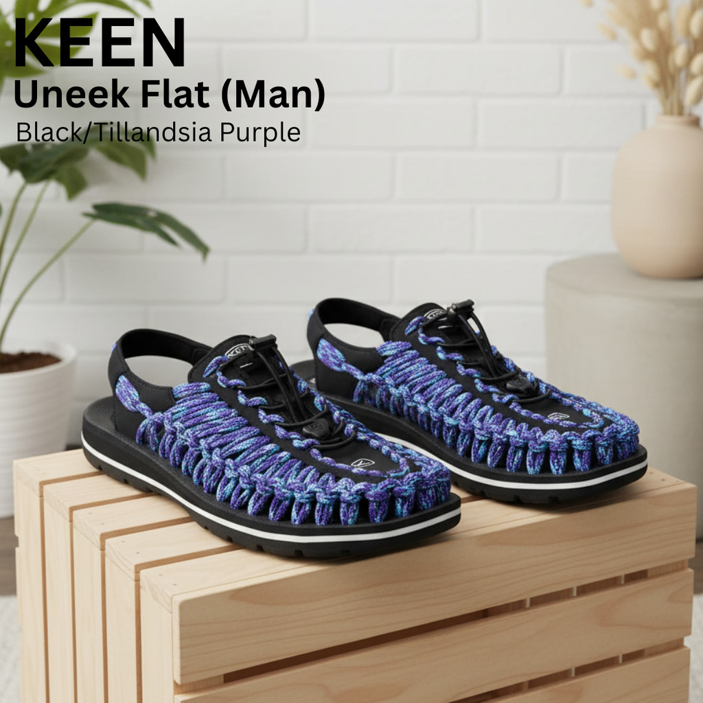 KEEN Uneek Flat Black/Tillandsia Purple Sandals – Sandal Pria Outdoor Anyaman Stylish