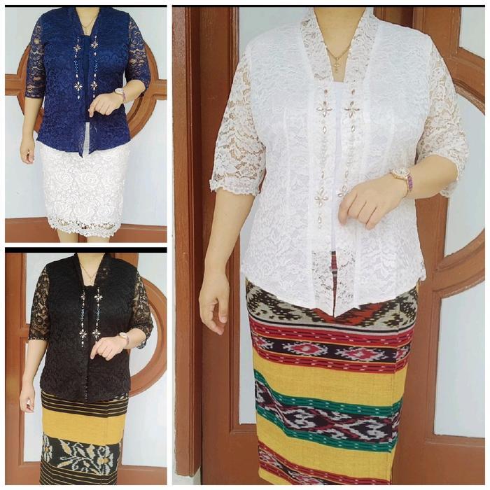 Atasan kebaya kartini brokat mix payet dan mutiara - putih, M