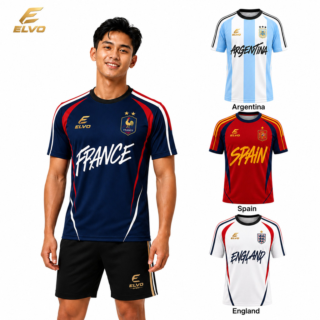 ELVO Jersey Bola Pria Dewasa Premium Dry Fit Quick Dry - Kaos Sepak Bola Timnas France Korea Jepang 