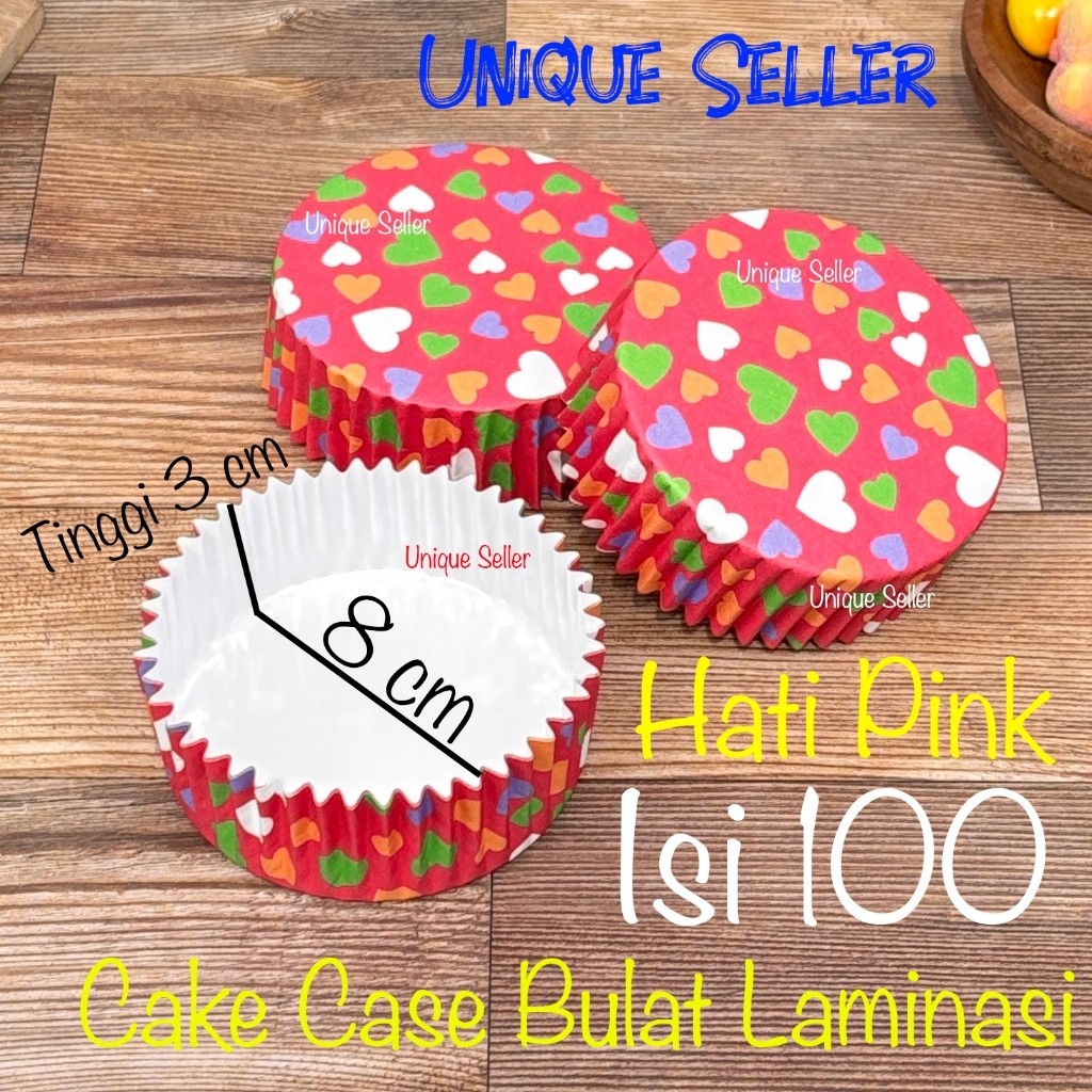 Cake Case Bulat Laminasi 8 cm isi 100 pcs Hati Pink Anti Minyak Cup Cake PET CC 8cm Alas Kue Roti Do