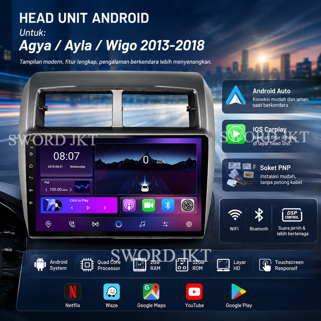 Head Unit Android Mobil Agya Ayla Wigo 2013-2018 Layar Touchscreen IPS 9 Inch Frame Soket PNP Kamera
