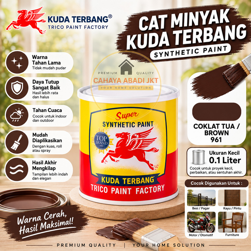 CAT MINYAK KUDA TERBANG COKLAT TUA KECIL 961 Brown 961 0.1 Liter 100ml Synthetic Paint Cat Besi Kayu