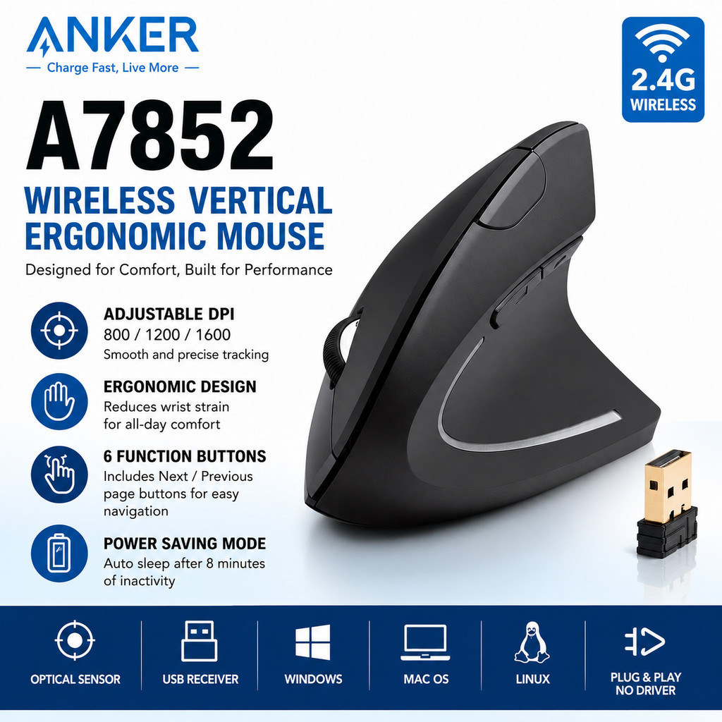 ANKER A7852 Wireless Vertical Ergonomic Optical Mouse 2.4G USB Receiver 1600 DPI 6 Button Right Hand