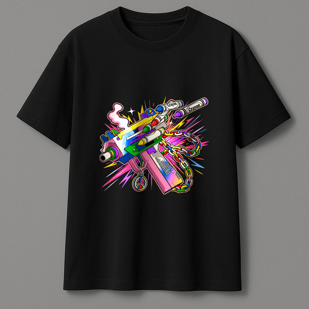 Kaos Pendek Grafis Alat Seni Warna-Warni Dengan Crayon, Spray Paint, Rantai Dan Simbol Peace Bergaya