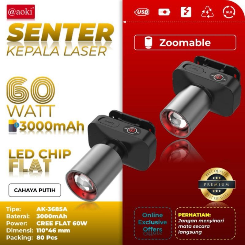 AOKI SENTER KEPALA LED ZOOM AK-3685A & AK-3686K 60W / CAHAYA SUPER TERANG / JARAK JAUH LASER / @AOKI