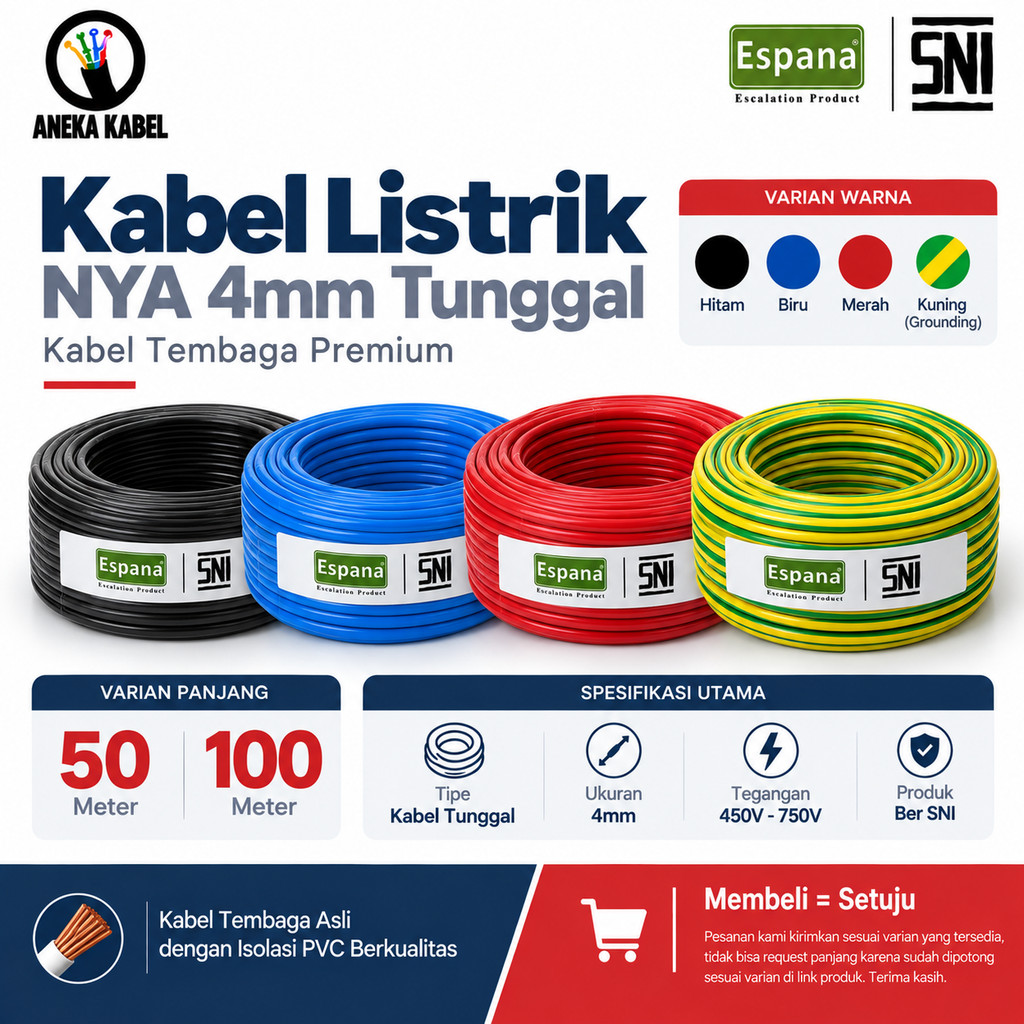 Kabel Listrik Tembaga NYA 4mm Tunggal 50 Meter 100 Meter / Kabel Listrik Engkel Premium