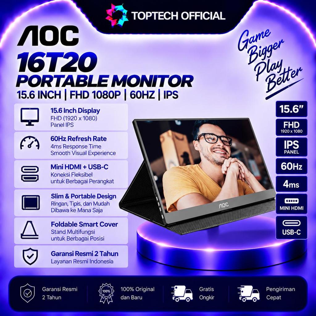 AOC PORTABLE MONITOR 15.6 INCH 16T20 IPS FHD 1080P 4MS 60HZ MINI HDMI USB-C FOLDABLE COVER BLACK 2Y