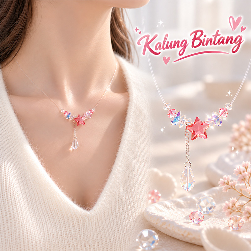 Kalung Bintang Merah Muda Zirkon Kilau Tali Senar Simpel Klavikula Untuk Cewek