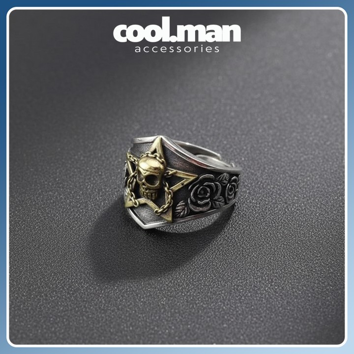 Cincin Tengkorak Viking Perak Murni 925 Asli dengan Pentagram Gothic Punk Rock Ukiran Bunga Mawar Ta