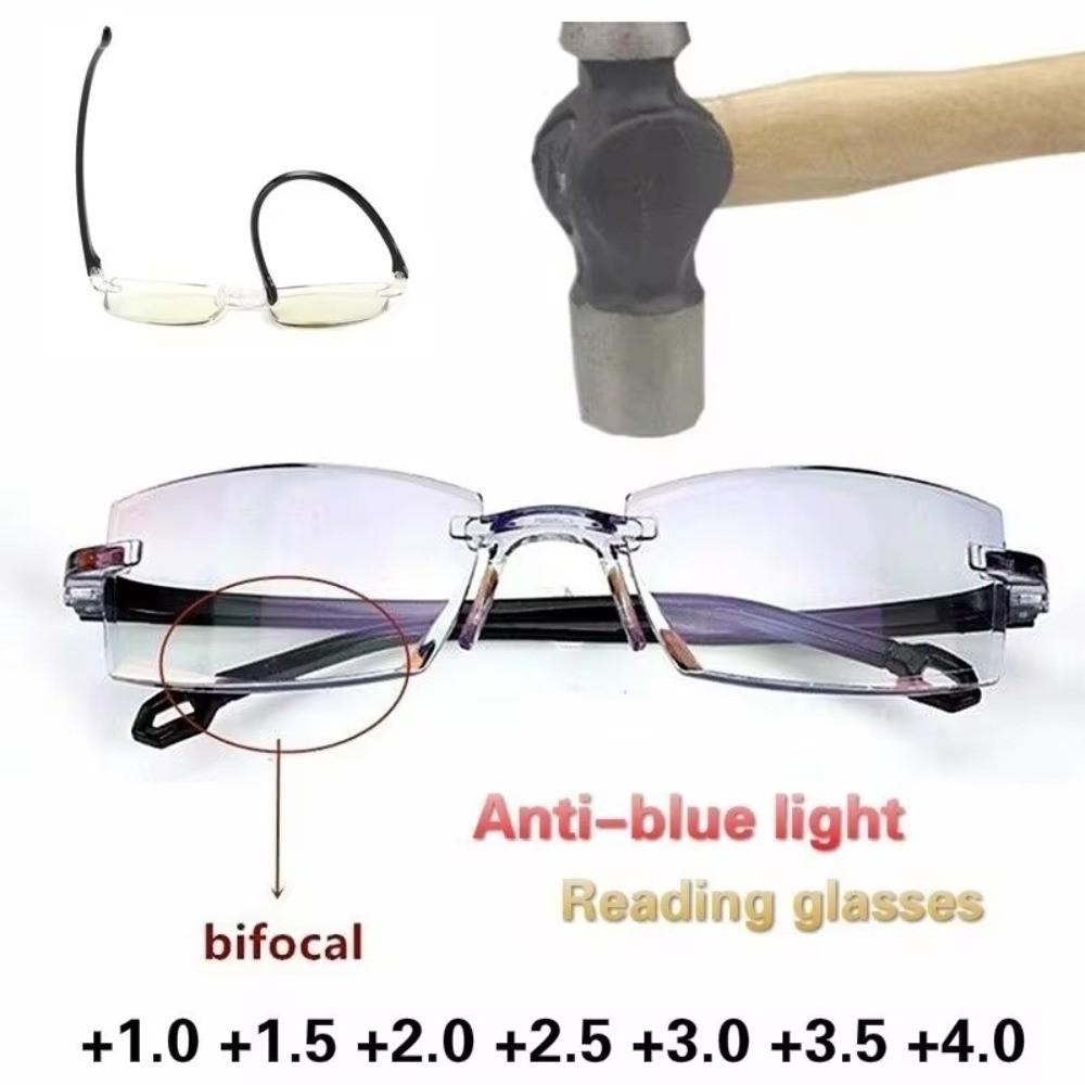 2 Pair New Men Women Rimless Reading Glasses Anti Blue Light Bifocal Far Near Magnification Eyewear 