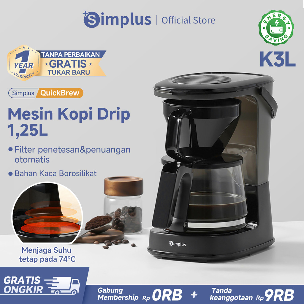Simplus Mesin Kopi 1.25L Coffee Maker Filter Otomatis Penetesan dan Penuangan Untuk Kopi dan Teh