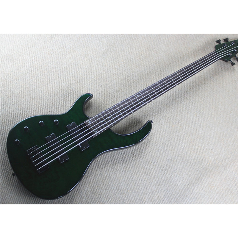 Flyoung 5 Strings Left-Handed Green Electric Bass Guitar with Black Harde,Offer Customize