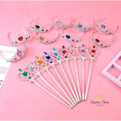 Mahkota  Frozen Elsa Set Crown Pesta Plastik Tebal plus Tongkat