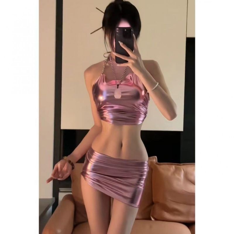 PU soft leather backless hanging bright baggy skirt mini skirt lingerie uniform