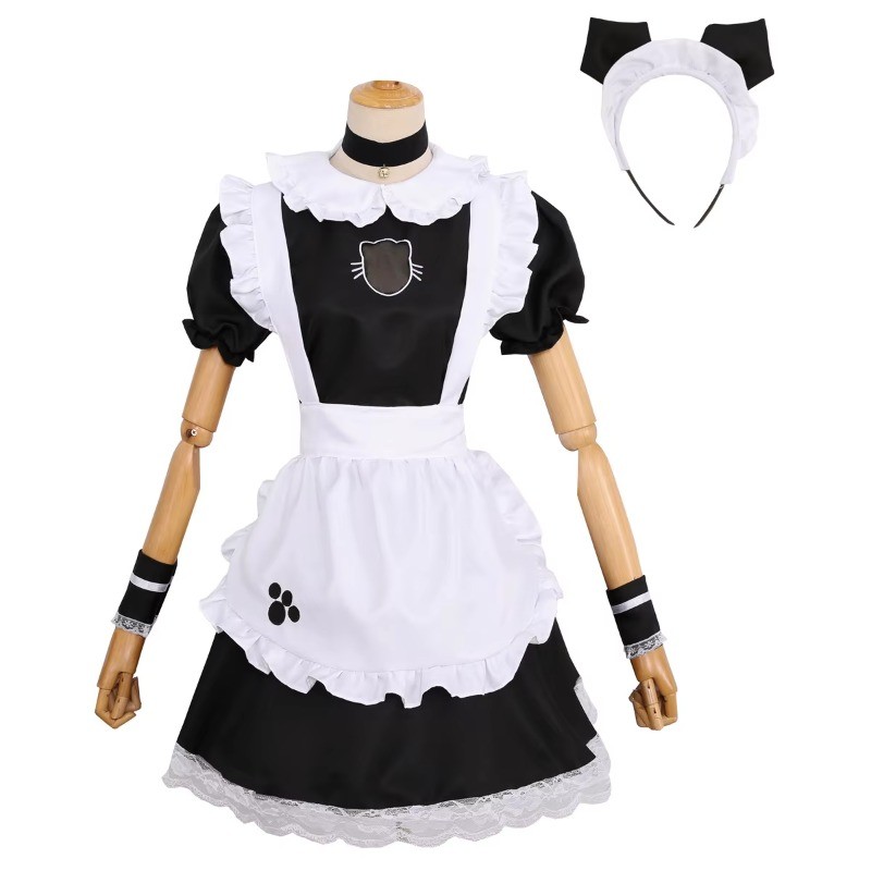 Bust Open Neko Maid Cosplay Costume Anime Lolita y Cut Out Girls Kitty Outfit Cotton Apron Lace Mini