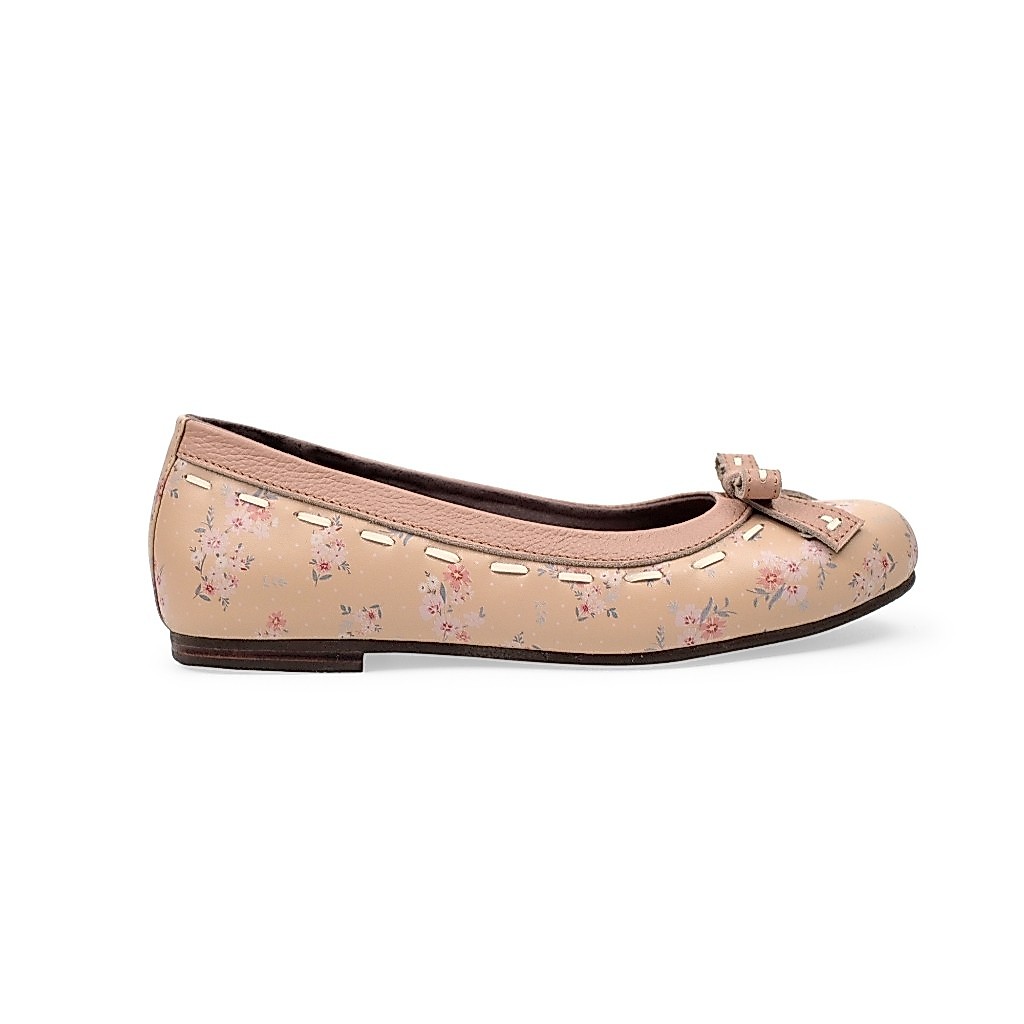 Sepatu Kulit Wanita - Alisha Flat Cream Floral + Nude