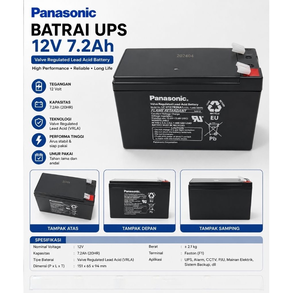 Batre Battery Baterai UPS Panasonic 12V 12 V 12Volt 7.2AH 7Ah  12 VOLT