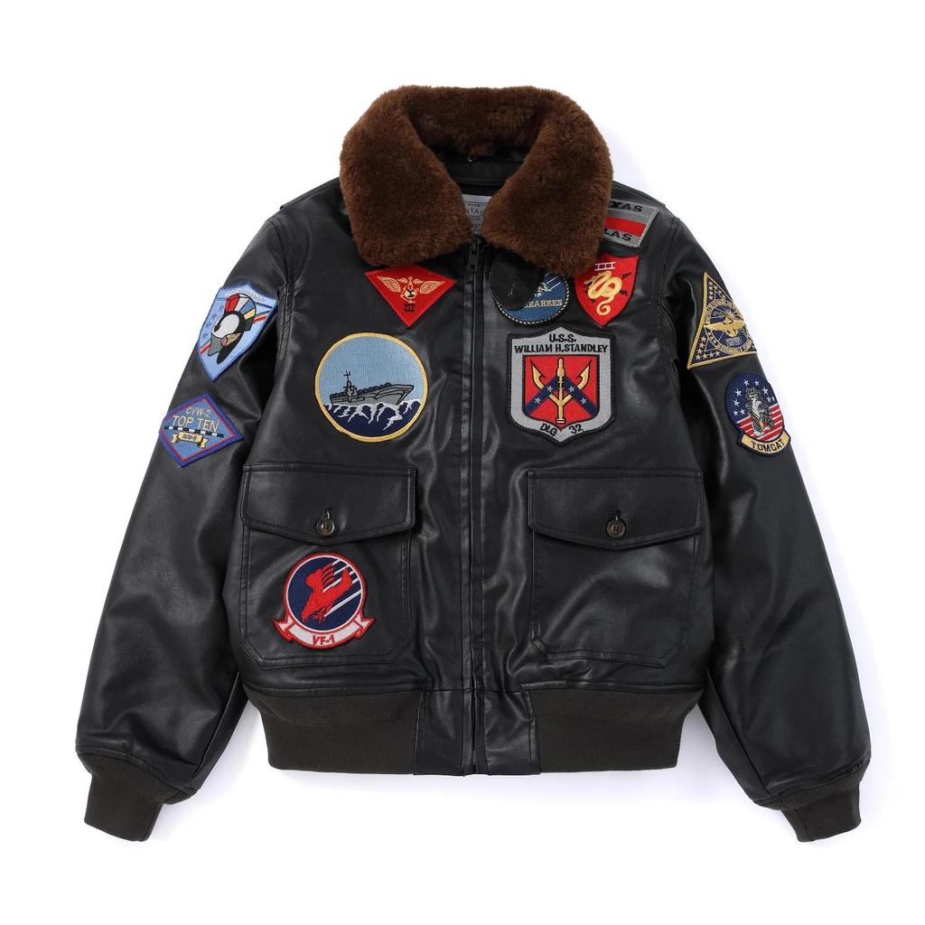Top Gun PU Leather Coat G1 Tom Cruise Maverick Fur Flying Aviator Pilot Military Bomber Flight Men J