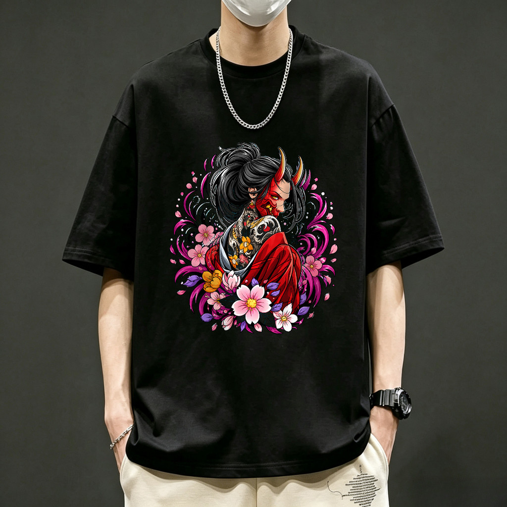 Kaos Pria Kaos Distro Kaos Lengan Pendek Desain Oni Jepang Samurai Bertanduk Tattoo Bunga Sakura Gra