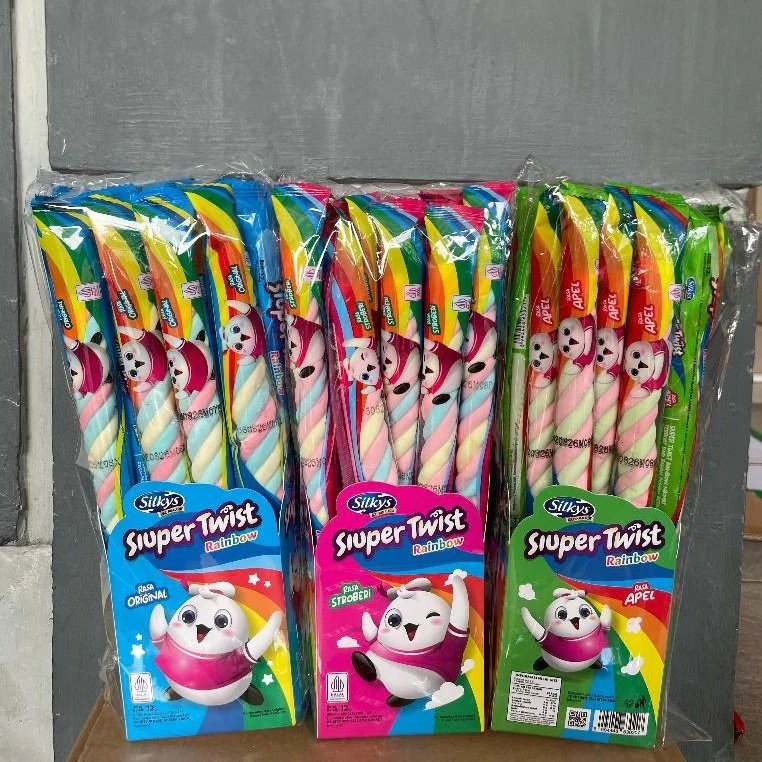 Marshmallow Siuper Twist Rainbow Harga 1pcs ecer bentuk kepang panjang 3 varian rasa original apple 