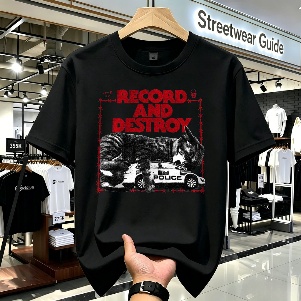 Kaos Band Pria Unisex Motif Record And Destroy Badak Retro, T-shirt Vintage Gaya American Style, Kao
