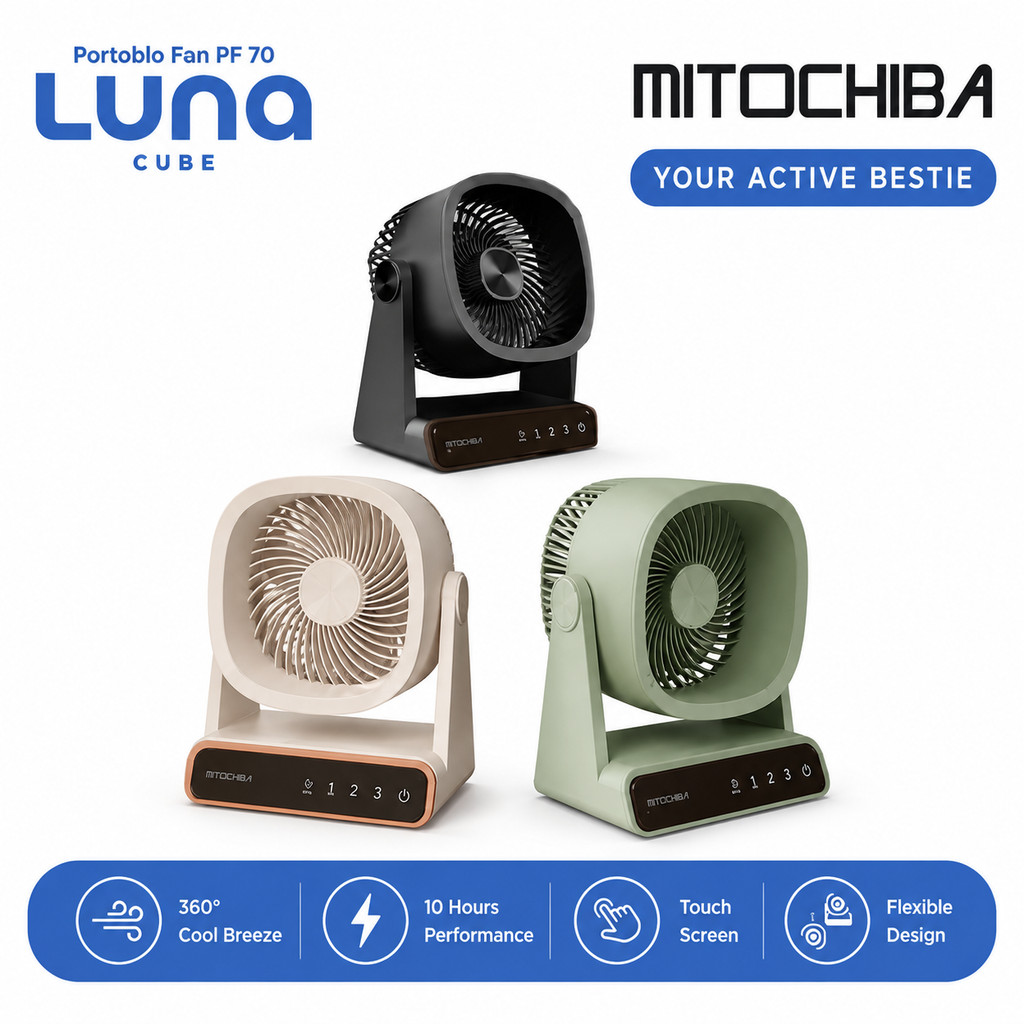 MITOCHIBA PF70 Luna Cube Kipas Angin Portable Touchscreen 4000mAh Rechargable Mini Desk Fan 360° Ang