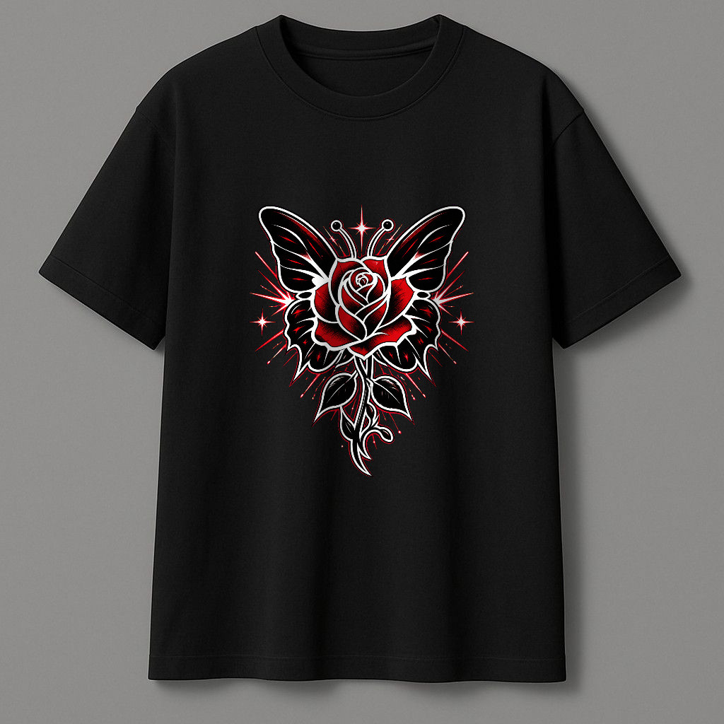 Kaos Pendek Motif Mawar Merah Dan Kupu-Kupu Gaya Gothic, Bahan Katun Nyaman Dengan Potongan Reguler,
