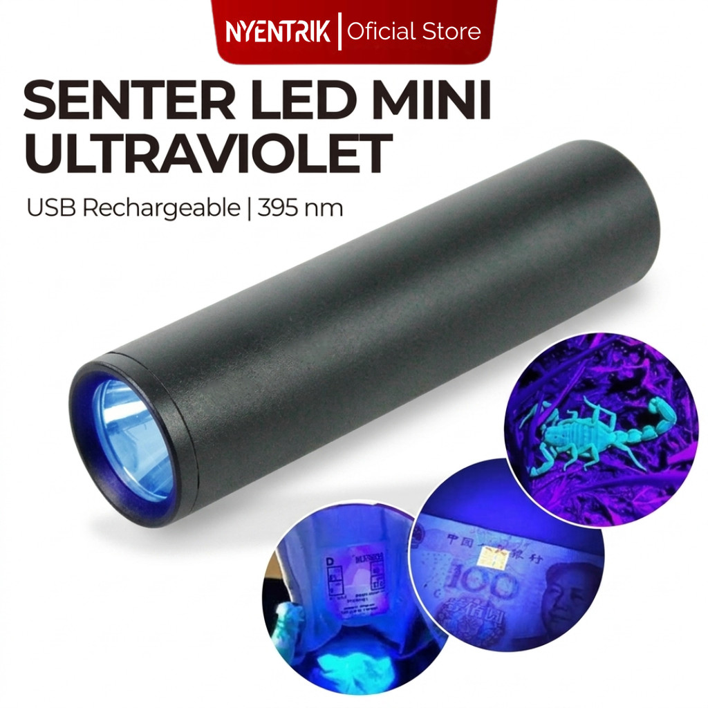 NYENTRIK Senter UV Mini Rechargeable Flashlight Ultraviolet 395nm USB Cek Uang Palsu Pet Stain