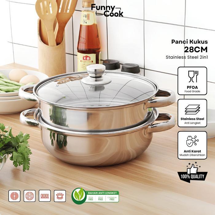 AA [EXCLUSIVE MALL] Funnycook Panci Kukus 2 Tingkat 28cm Stainless Steel Anti Karat Dengan Tutup kac