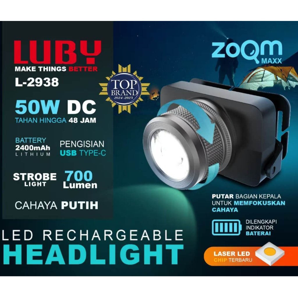 Senter Kepala ZOOM Putar LUBY L-2938L 50W - Tahan Hingga 48 Jam - 700LM - Tahan Lama - Type-C