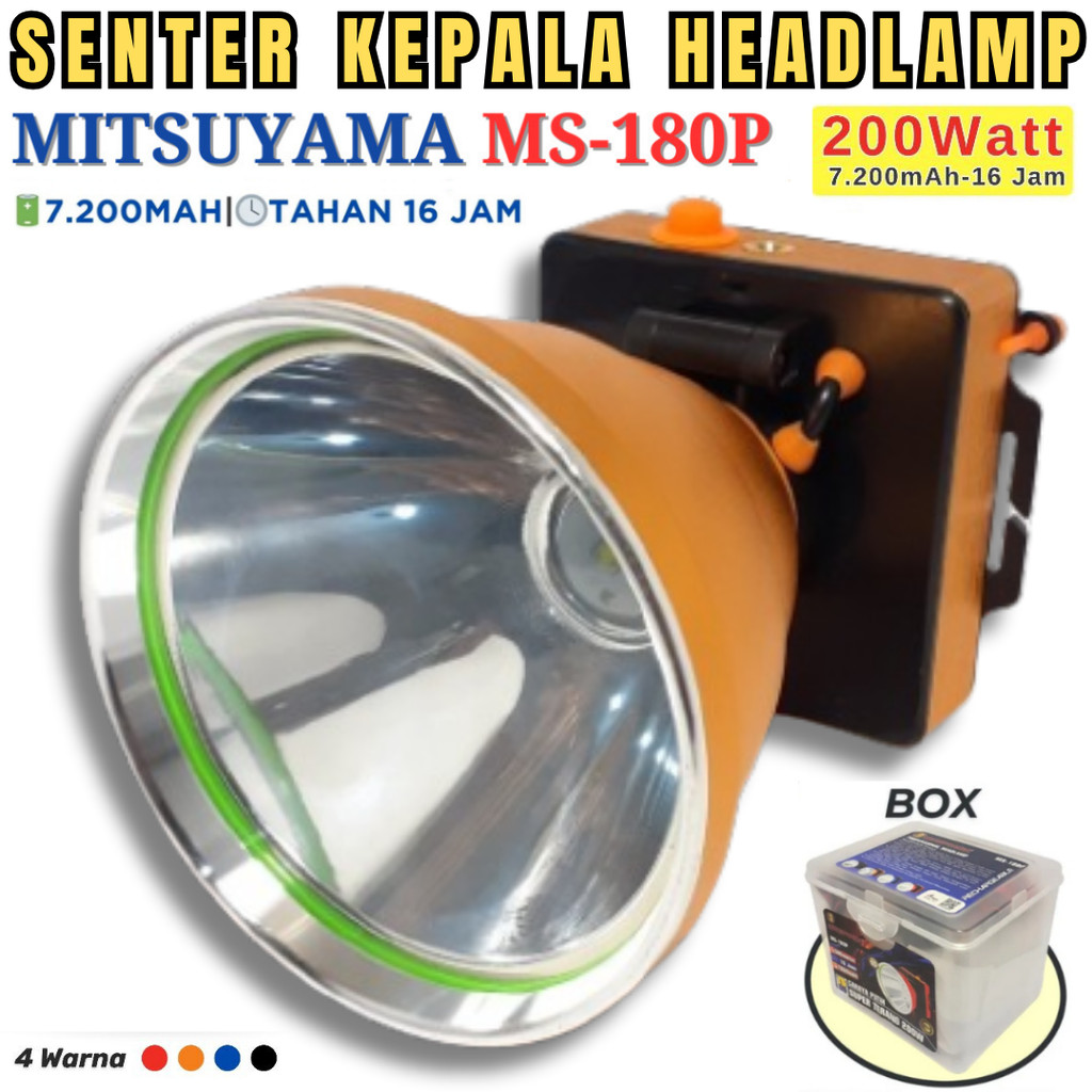 Terlaris Senter Kepala 200 Watt Mitsuyama Ms-180p Cahaya Putih Super Terang Batrai 7200mah | Headlam