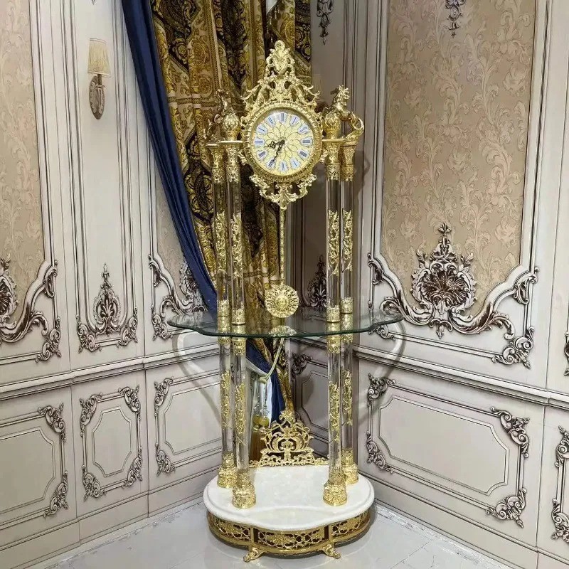 Classic Marble Standing Clock Crystal Time Keeper Golden Copper Floor Clock Luxury Grandfather Clock