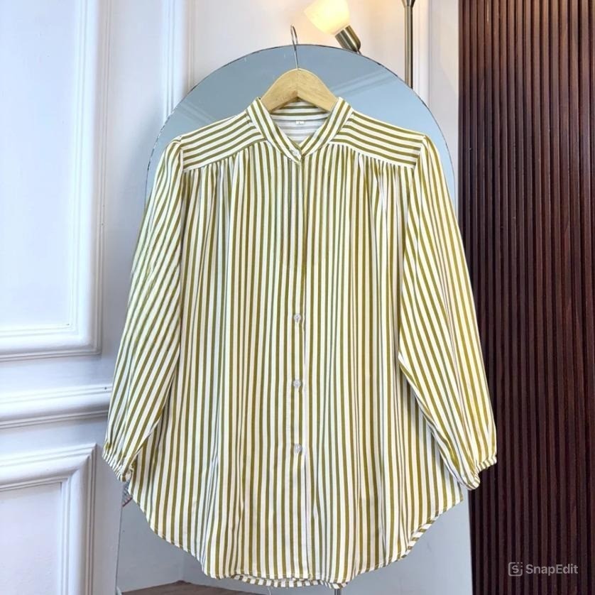 AZURA Kemeja Blouse Atasan Wanita Motif Salur Bahan Rayon Twill Premium