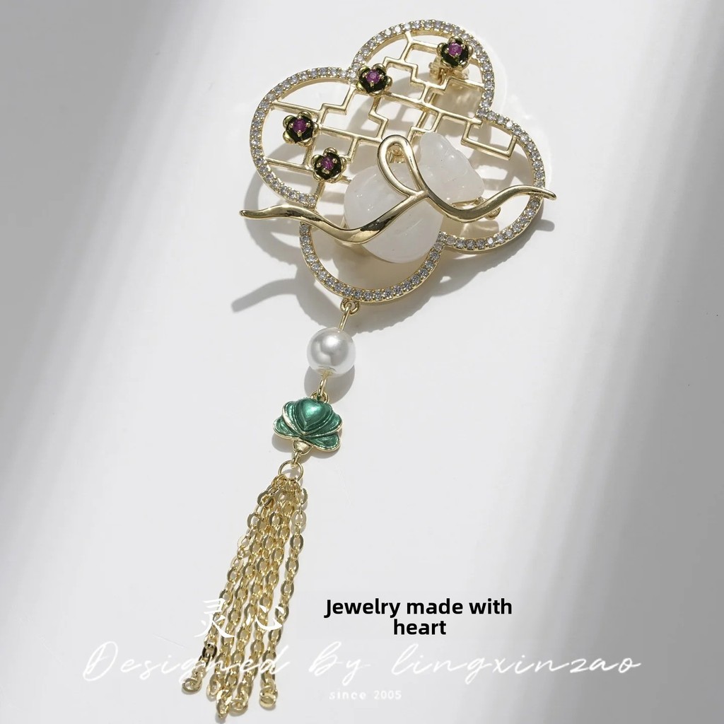Lingxin Jewelry Golden Plated Jade Tassel Court Brooch Pin Fashionable Ancient Style Qingyu Purple J