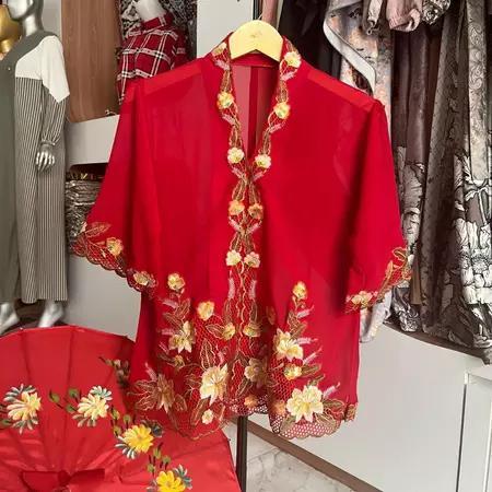 Kebaya Encim sifon Bordir bunga anggrek Chrysaora lengan pendek - red