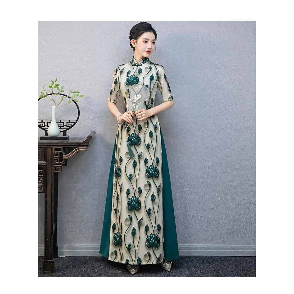 FADFAD Gaun Cheongsam rok panjang warna Hijau Tua berlengan pendek untuk wanita