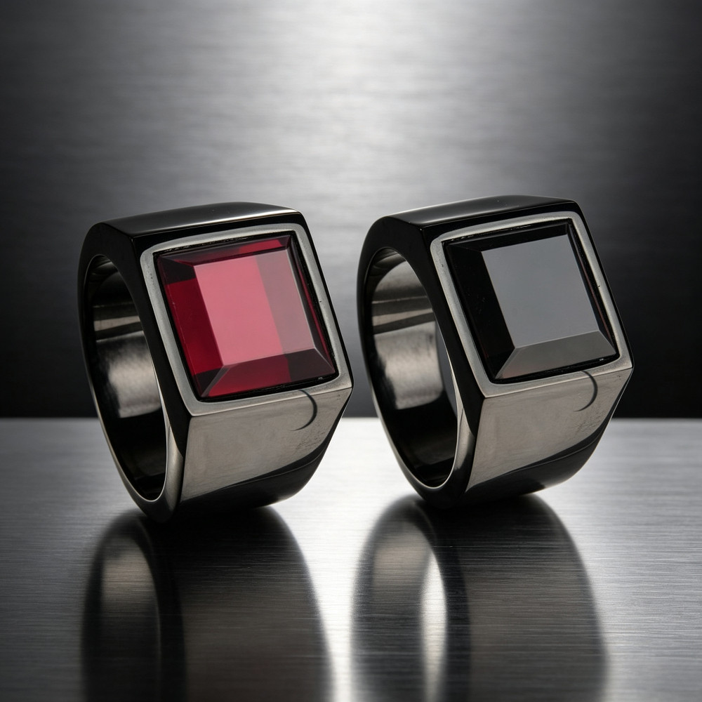 Cincin Pria Hitam Batu Kotak Merah Hitam Dua Warna Pilihan Desain Minimalis Maskulin Model Keren Aks