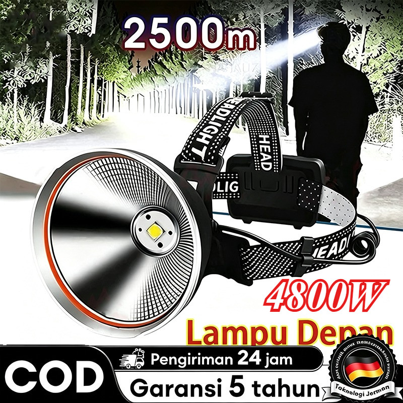 4800MAH Senter Kepala Lampu Cahaya Kuning Lampu Cahaya Putih Rechargeable Original Lampu USB  Depan 