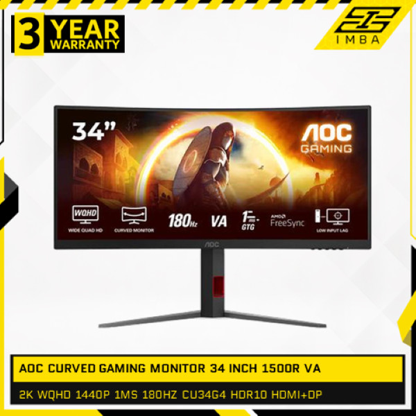 AOC CURVED GAMING MONITOR 34 INCH 1500R FAST VA 2K WQHD 1440P 1MS 180HZ CU34G4 HDR10 HDMI+DP 3Y ERGO