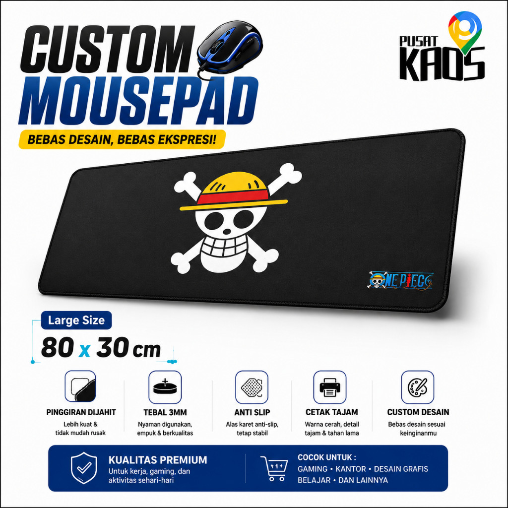 Custom MOUSEPAD mousepad ukuran LARGE BESAR 80 x 30 cm, ALAS MOUSE PREMIUM GAMING & KERJA TEBAL 3MM.