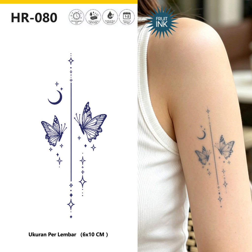 Stiker Tato Herbal Tinta Buah Semi Permanen Motif Dua Kupu-kupu Bulan Sabit Bintang Garis Vertikal M