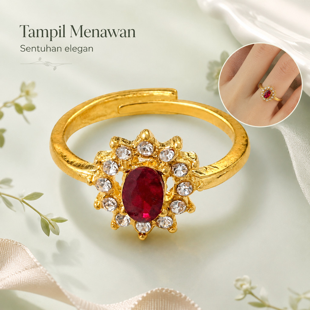 Cincin Permata Merah DELIMA Cincin Batu Permata Wanita Elegan mirip Perhiasan Titanium Anti karat