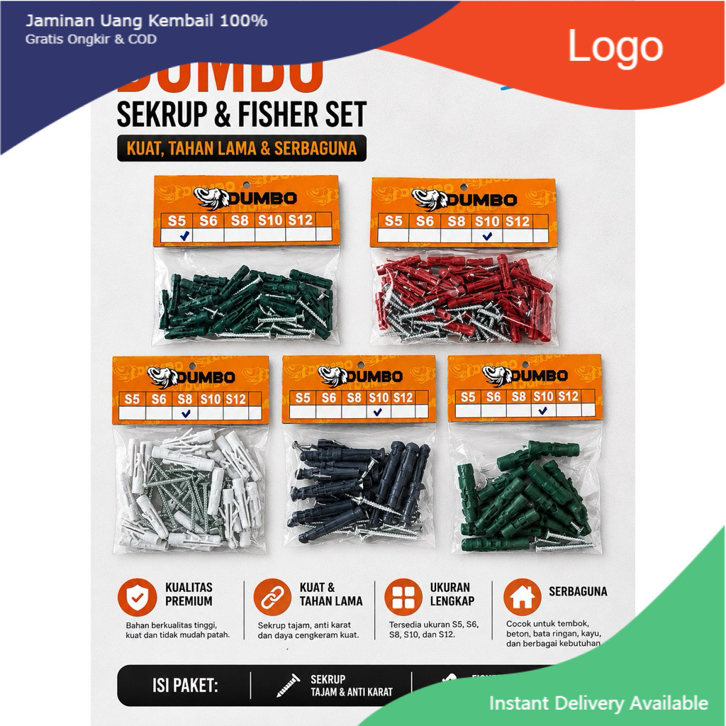 Sekrup dan Fisher set Fastener Skrup Tanam ukuran S5 S6 S8 S10 S12
