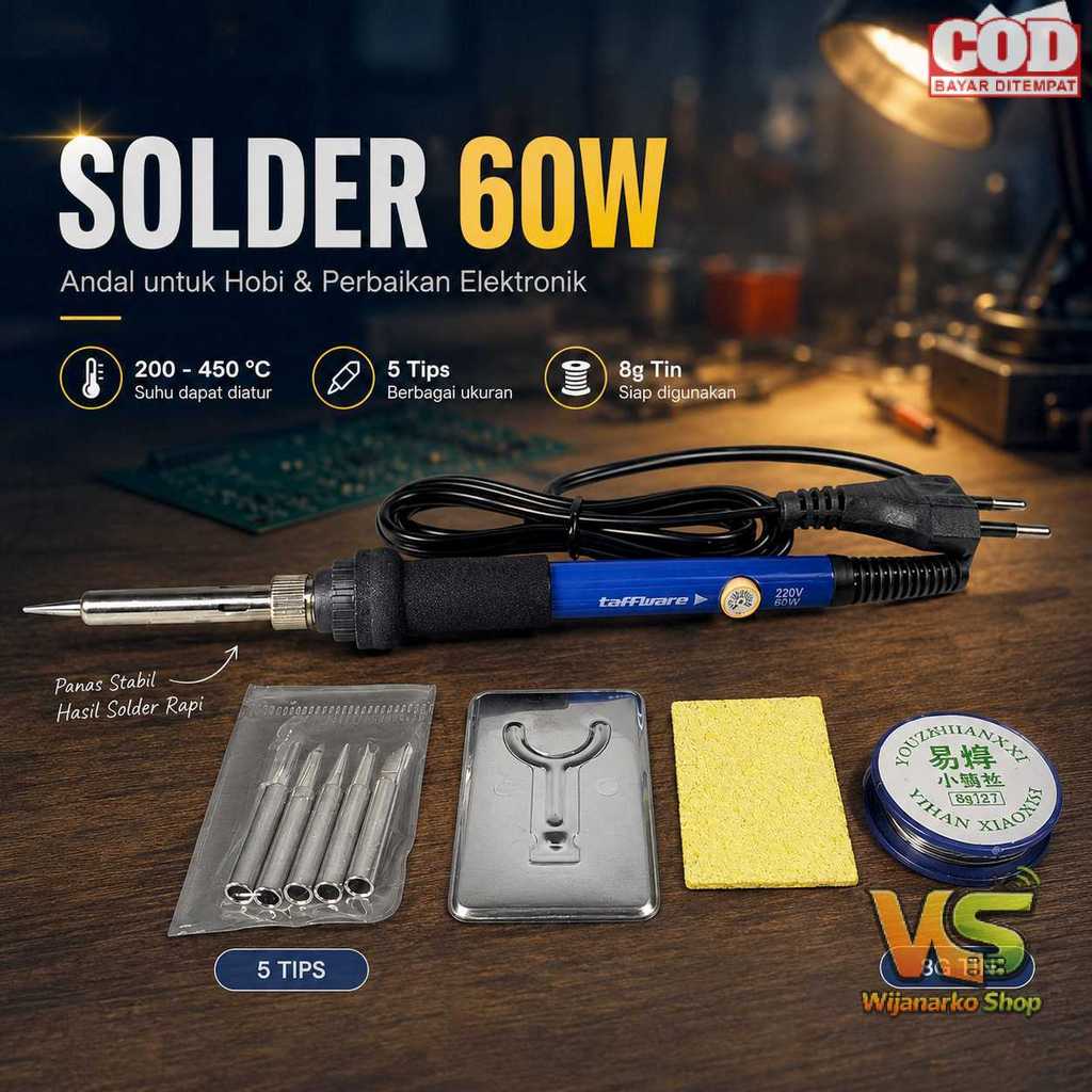 Taffware Solder Adjustable Temperature Fast Heating 60W 5 Tips 8g Tin - CS-31 C