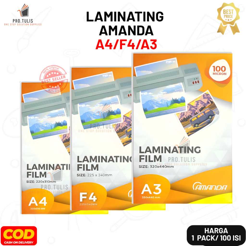(1 Pack 100 Lembar) Laminating Amanda A4/F4/A3 – Plastik Laminating Tebal dan Jernih untuk Dokumen
