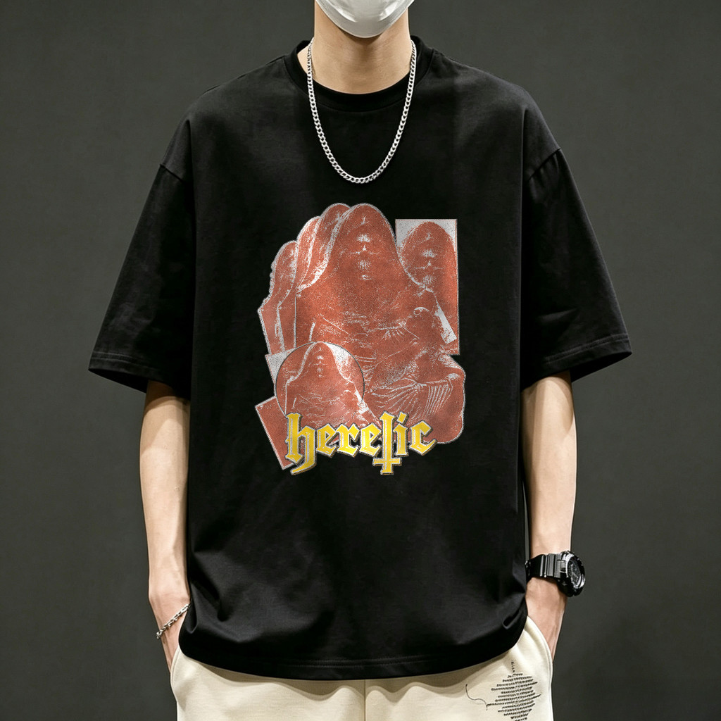 Kaos Retro Heretic Hooded Figure T Shirt Gaya Gothic Distressed