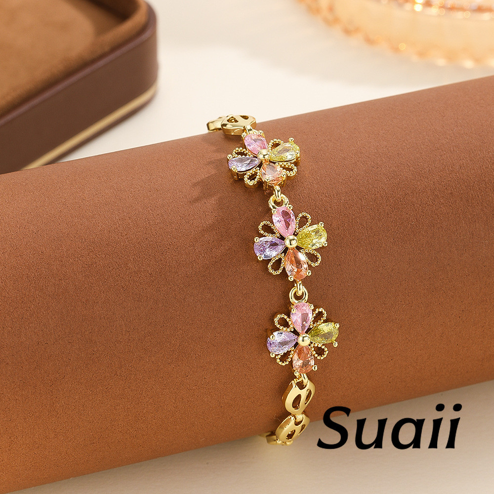 [Suaii] Gelang tangan bentuk oval tertanam halus batu zircon berwarna beragam aksesoris F753