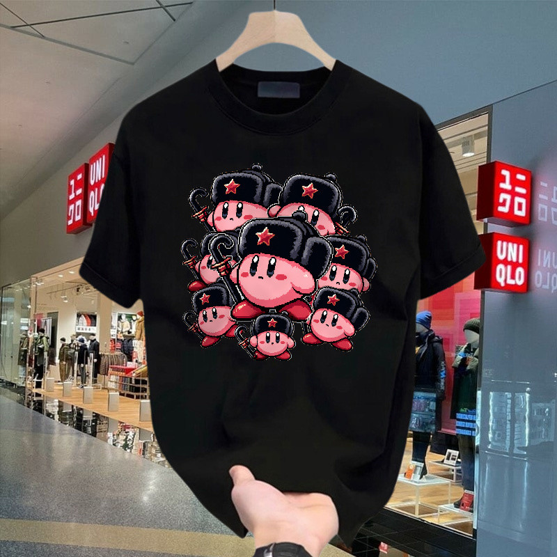 Kaos Pendek Kirby Ushanka Bintang Merah Pixel Art Dengan Palu Arit, Kaos Casual Unisex Tshirt Oversi