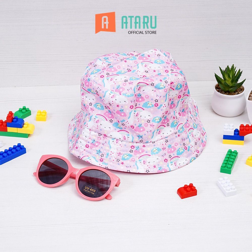 Ataru Set Topi Bucket & Kacamata Sunglasses Anak Bucket Hat Topi Pantai Fisherman Cap Casual Headwea